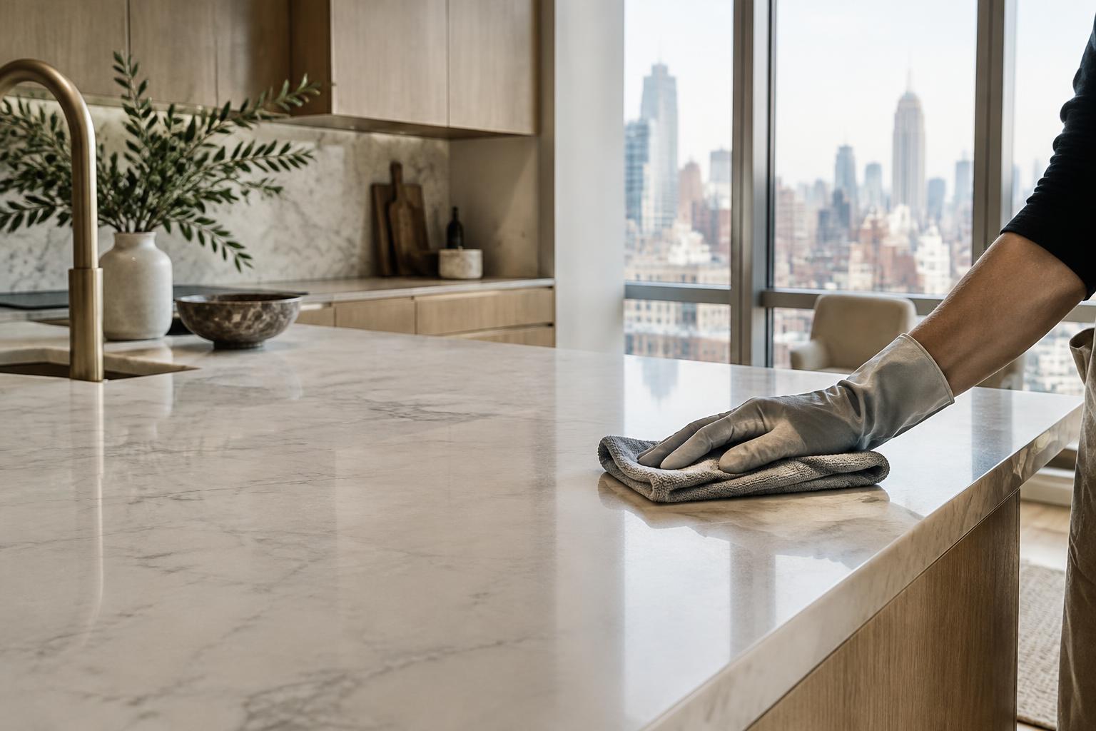 Gloved hand wiping a marble counter in a finished kitchen